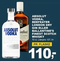 Let-Køb ABSOLUT VODKA, BEEFEATER LONDON DRY GIN ELLER BALLANTINE’S FINEST SCOTCH WHISKY, DKK 110 tilbud