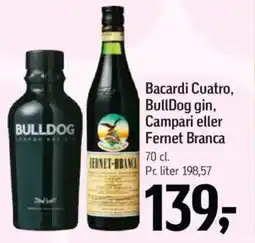 Føtex Bacardi Cuatro, BullDog gin, Campari eller Fernet Branca tilbud