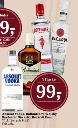 Dagli'Brugsen Absolut Vodka, Ballantine's Whisky, Beefeater Gin eller Bacardi Rom tilbud