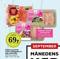 Dagli'Brugsen Hakket gris/kalv 8-12%, kyllingebryst- eller inderfilet tilbud
