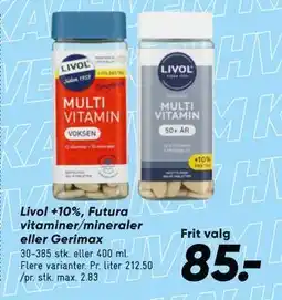 Bilka Livol +10%, Futura vitaminer/mineraler eller Gerimax, DKK 85 tilbud