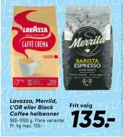 Bilka Lavazza, Merrild, L’OR eller Black Coffee helbønner, DKK 135 tilbud