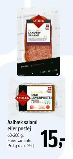 Føtex Aalbæk salami eller postej, DKK 15 tilbud