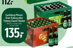 Føtex Carlsberg Pilsner, Grøn Tuborg eller Tuborg Classic flasker, DKK 135 tilbud