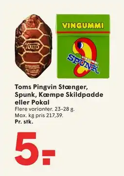 SPAR Toms Pingvin Stænger, Spunk, Kæmpe Skildpadde eller Pokal, DKK 5 tilbud