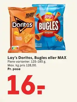 SPAR Lay’s Doritos, Bugles eller MAX, DKK 16 tilbud