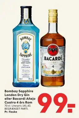 SPAR Bombay Sapphire London Dry Gin eller Bacardi Añejo Cuatro 4 års Rom, DKK 99 tilbud