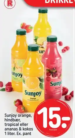 REMA 1000 Sunjoy orange, hindbær, tropical eller ananas & kokos 1 liter. Ex. pant, DKK 15 tilbud