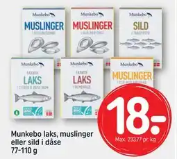 REMA 1000 Munkebo laks, muslinger eller sild i dåse 77-110 g, DKK 18 tilbud