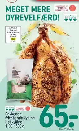 REMA 1000 Rokkedahl fritgående kylling Hel kylling 1100-1500 g, DKK 65 tilbud