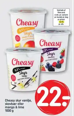 REMA 1000 Cheasy skyr vanilje, skovbær eller mango & lime 1000 g, DKK 22 tilbud