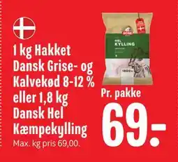 Min Købmand 1 kg Hakket Dansk Grise- og Kalvekød 8-12 % eller 1,8 kg Dansk Hel Kæmpekylling, DKK 69 tilbud