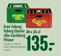 Min Købmand Grøn Tuborg, Tuborg Classic eller Carlsberg Pilsner, DKK 135 tilbud