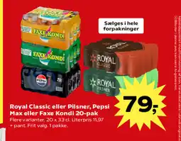 Kvickly Royal Classic eller Pilsner, Pepsi Max eller Faxe Kondi 20-pak tilbud