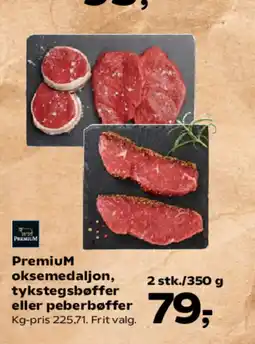 SuperBrugsen Premium oksemedaljon, tykstegsbøffer eller peberbøffer tilbud