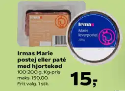 SuperBrugsen Irmas Marie postej eller paté med hjortekød tilbud