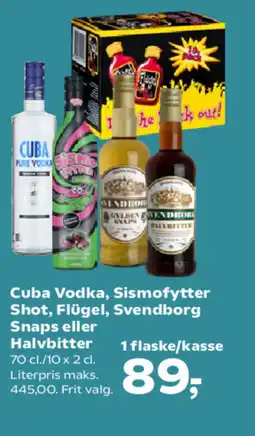 SuperBrugsen Cuba Vodka, Sismofytter Shot, Flügel, Svendborg Snaps eller Halvbitter tilbud