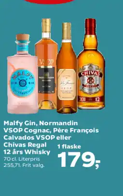 SuperBrugsen Malfy Gin, Normandin VSOP Cognac, Père François Calvados VSOP eller Chivas Rega 12 års Whisky tilbud