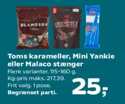 SuperBrugsen Toms karameller, Mini Yankie eller Malaco stænger tilbud
