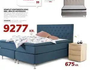 KOMPLET KONTINENTALSENG INKL. BEN OG HOVEDGAVL, DKK 9277