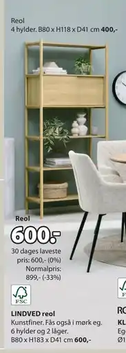 JYSK LINDVED reol, DKK 600 tilbud