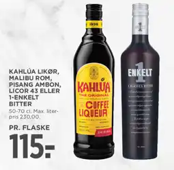 MENY KAHLÚA Likør, malibu rom, pisang ambon, licor 43 eller 1-enkelt bitter tilbud