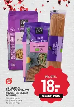 MENY URTEKRAM ØKOLOGISK PASTA, KIKÆRTER ELLER BØNNER, DKK 18 tilbud