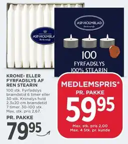 MENY KRONE- ELLER FYRFADSLYS AF REN STEARIN, DKK 79.95, App-pris tilbud