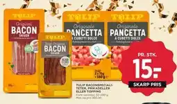 MENY TULIP BACONSPECIALITETER, FRIKADELLER ELLER TOPPING, DKK 15 tilbud