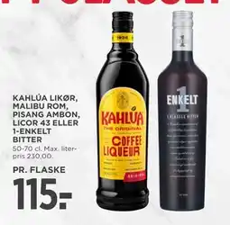 MENY KAHLÚA LIKØR, MALIBU ROM, PISANG AMBON, LICOR 43 ELLER 1-ENKELT BITTER, DKK 115 tilbud