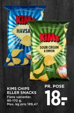 MENY KIMS CHIPS ELLER SNACKS, DKK 18 tilbud