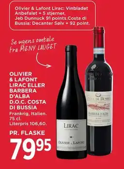MENY OLIVIER & LAFONT LIRAC ELLER BARBERA D'ALBA D.O.C. COSTA DI BUSSIA, DKK 79.95 tilbud