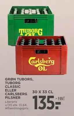 MENY GRØN TUBORG, TUBORG CLASSIC ELLER CARLSBERG PILSNER, DKK 135 tilbud