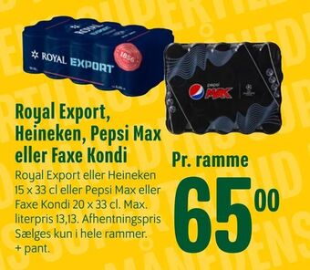 Min Købmand Royal Export, Heineken, Pepsi Max eller Faxe Kondi tilbud