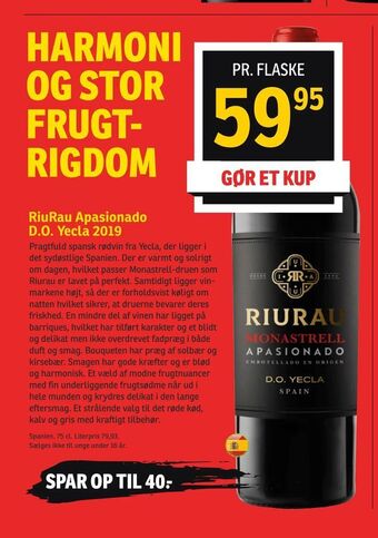 SPAR RiuRau Apasionado D.O. Yecla 2019 tilbud