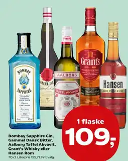 SuperBrugsen Bombay Sapphire Gin, Gammel Dansk Bitter, Aalborg Taffel Akvavit, Grant's Whisky eller Hansen Rom tilbud