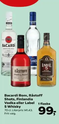 SuperBrugsen Bacardi Rom, Råstoff Shots, Finlandia Vodka eller Label 1 flaske 5 Whisky tilbud