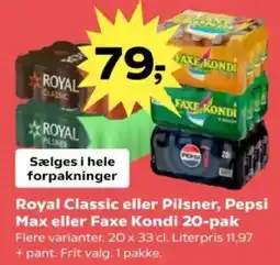 SuperBrugsen Royal Classic eller Pilsner, Pepsi Max eller Faxe Kondi 20-pak tilbud