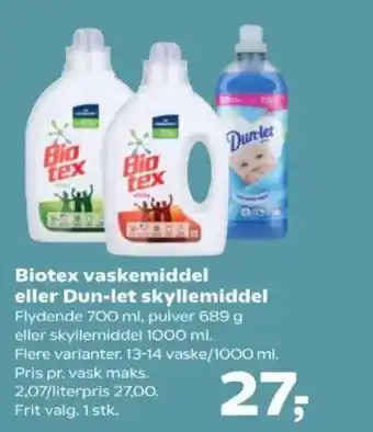 SuperBrugsen Biotex vaskemiddel eller Dun-let skyllemiddel tilbud