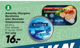 Bilka Amanda, Glyngøre, Bornholms eller Munkebo fiskekonserves, DKK 16 tilbud