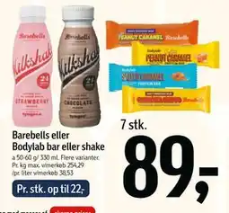 Føtex Barebells eller Bodylab bar eller shake, DKK 89 tilbud