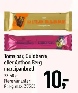 Føtex Toms bar, Guldbarre eller Anthon Berg marcipanbrød, DKK 10 tilbud