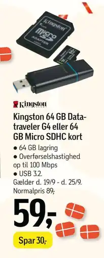 Føtex Kingston 64 GB Datatraveler G4 eller 64 GB Micro SDHC kort, DKK 59 tilbud