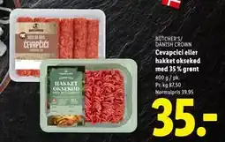 Lidl Cevapcici eller hakket oksekød med 35 % grønt, DKK 35 tilbud