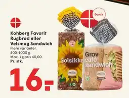 SPAR Kohberg Favorit Rugbrød eller Velsmag Sandwich, DKK 16 tilbud