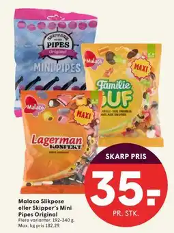 SPAR Malaco Slikpose eller Skipper’s Mini Pipes Original, DKK 35 tilbud