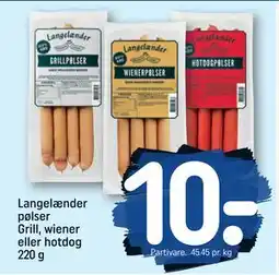 REMA 1000 Langelænder pølser Grill, wiener eller hotdog 220 g, DKK 10 tilbud