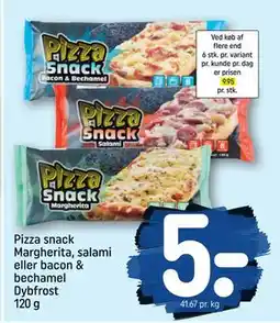 REMA 1000 Pizza snack Margherita, salami eller bacon & bechamel Dybfrost 120 g, DKK 5 tilbud