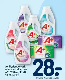 REMA 1000 A+ flydende vask eller vaskekapsler 675-900 ml/10 stk. 10-15 vaske tilbud