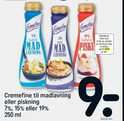 REMA 1000 Cremefine til madlavning eller piskning 7%, 15% eller 19% 250 ml, DKK 9 tilbud